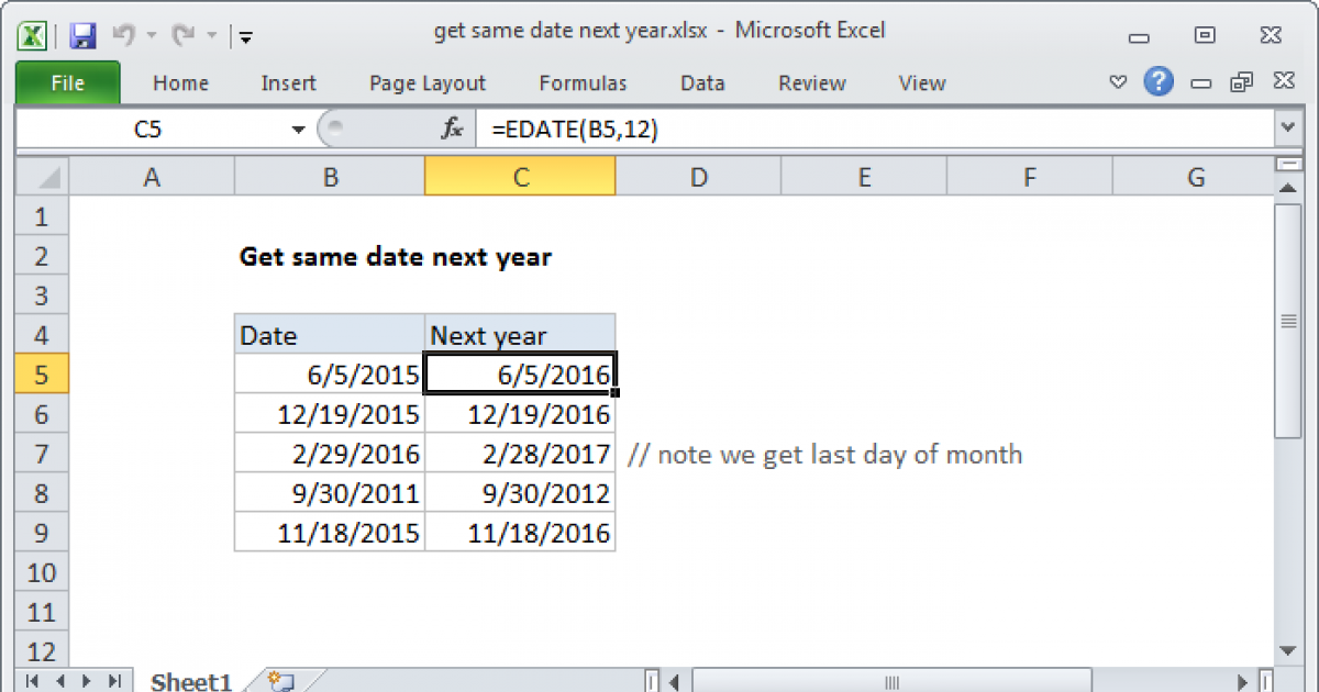 Get same date next year Excel formula Exceljet